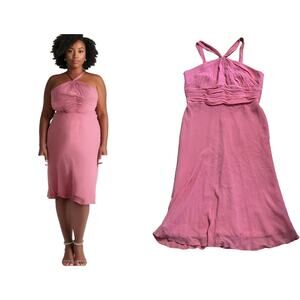 Vintage Y2K Anne Klein Plus Size 16 Silk Halter Dress Soft Powder Pink Ruched